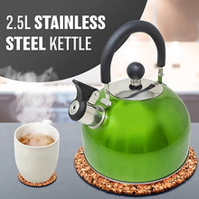 Stainless Steel Camping Kettle 2.5L Whistling Kettle for Gas Hob, Metallic Green